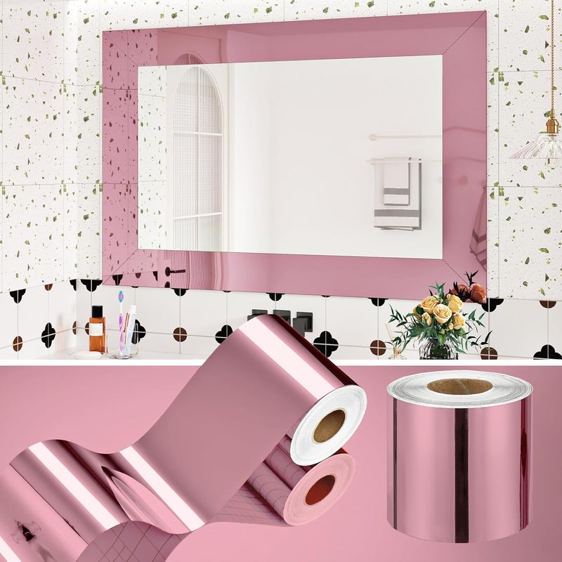 WESTICK Glossy Pink Mirror Tape Border 160"x3.94" Peel and Stick Mirror Frame Border for Bathroom Waterproof Rose Gold Metallic Wallpaper Borders Vinyl for Classroom Office Blackboard DIY - Image 1
